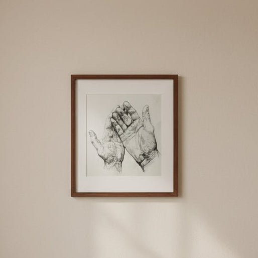 A detailed graphite pencil drawing of two hands with open palms, rendered on textured paper.